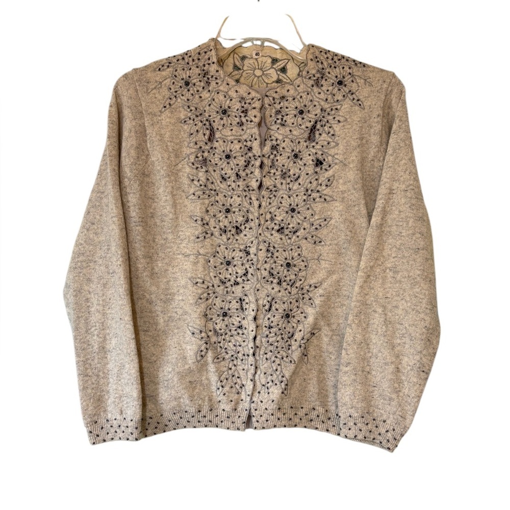 Vintage Beige Knit Cardigan with Black Embroidery